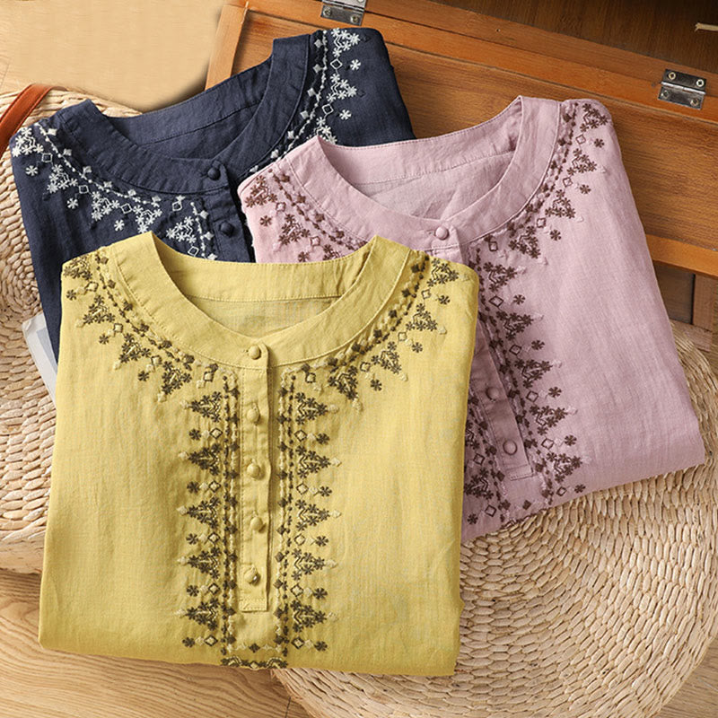 Buddha Stones Symmetrical Embroidery Cotton Women's Crew Neck Shirt