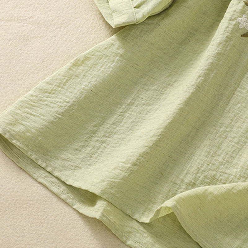 Buddha Stones Embroidery Flowers Leaves Cotton Women's V-neck Shirt