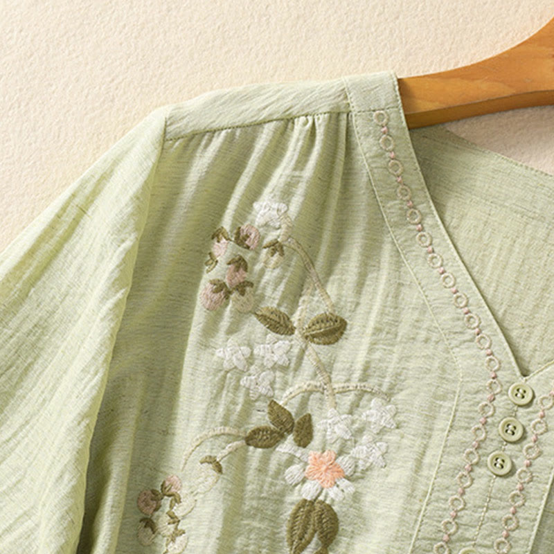 Buddha Stones Embroidery Flowers Leaves Cotton Women's V-neck Shirt