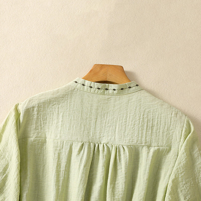 Buddha Stones Embroidery Design Cotton Button Women's Crew Neck Shirt