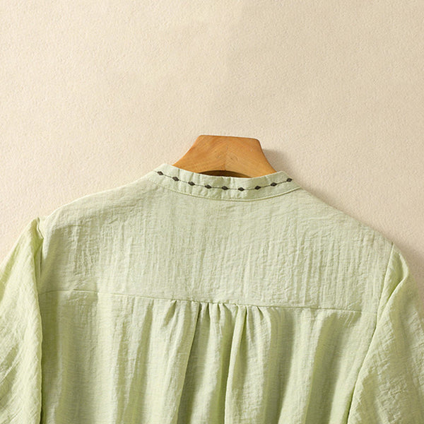 Buddha Stones Embroidery Design Cotton Button Women's Crew Neck Shirt