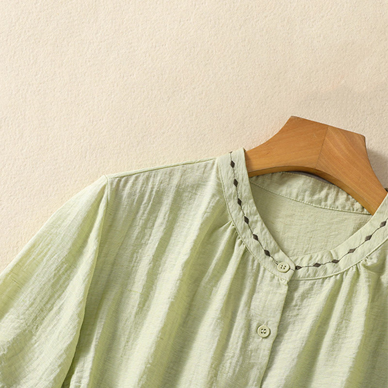 Buddha Stones Embroidery Design Cotton Button Women's Crew Neck Shirt