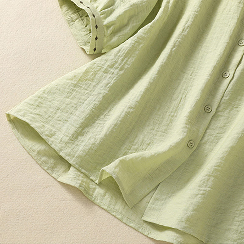 Buddha Stones Embroidery Design Cotton Button Women's Crew Neck Shirt