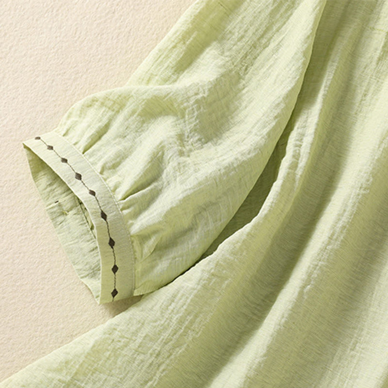 Buddha Stones Embroidery Design Cotton Button Women's Crew Neck Shirt