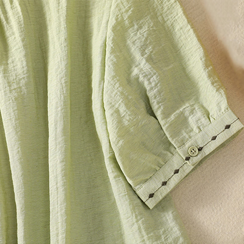 Buddha Stones Embroidery Design Cotton Button Women's Crew Neck Shirt