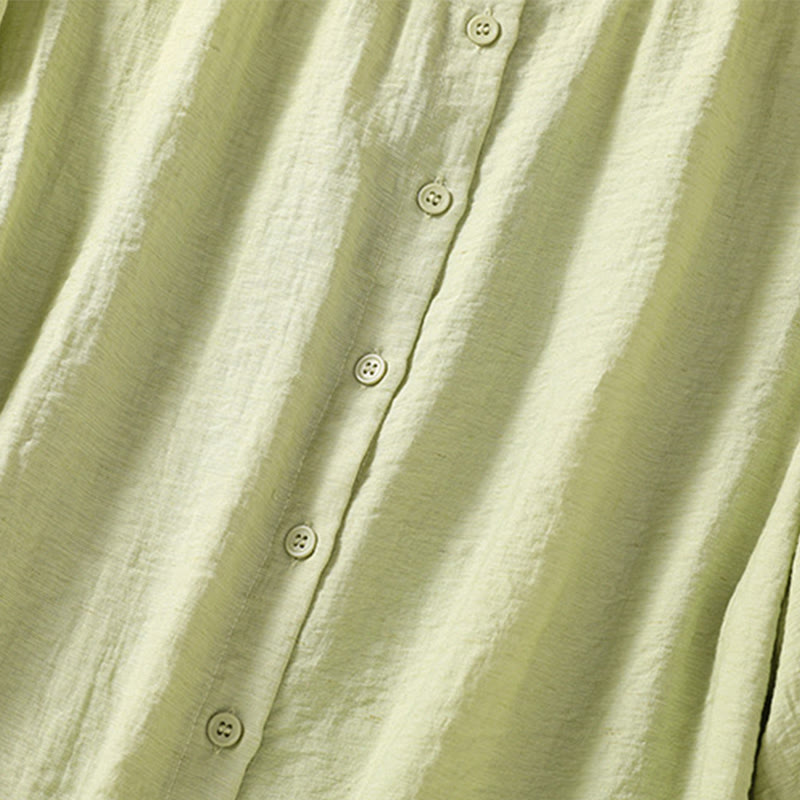 Buddha Stones Embroidery Design Cotton Button Women's Crew Neck Shirt