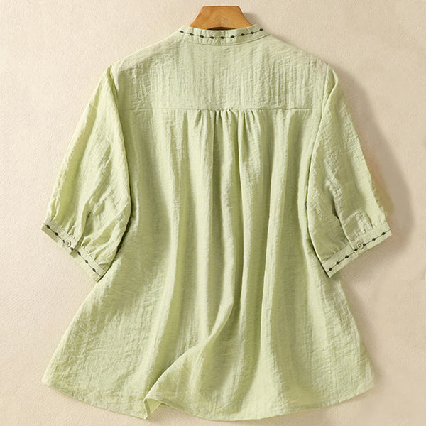 Buddha Stones Embroidery Design Cotton Button Women's Crew Neck Shirt