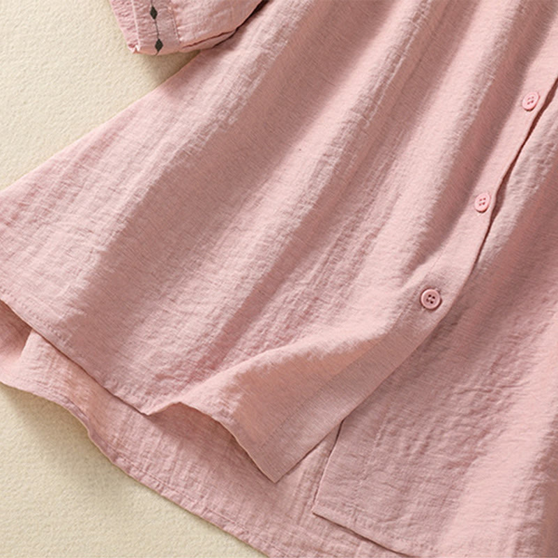 Buddha Stones Embroidery Design Cotton Button Women's Crew Neck Shirt