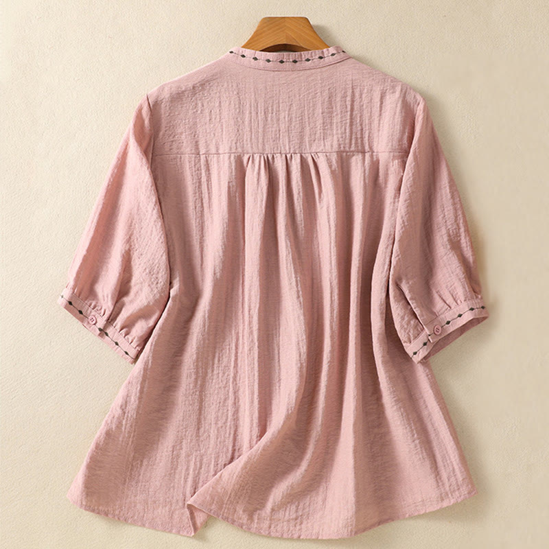 Buddha Stones Embroidery Design Cotton Button Women's Crew Neck Shirt