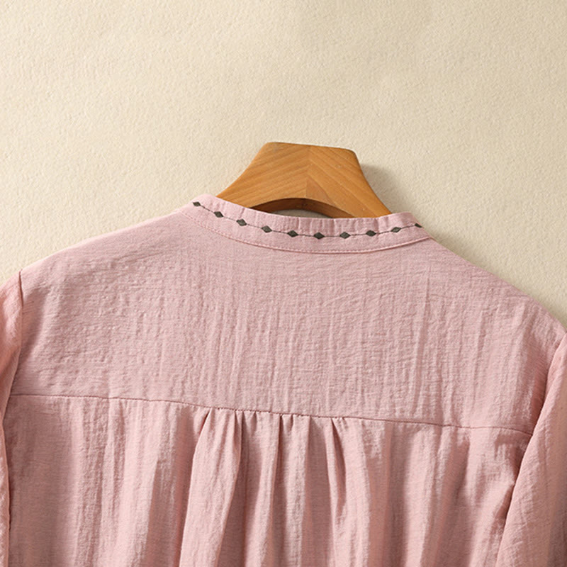 Buddha Stones Embroidery Design Cotton Button Women's Crew Neck Shirt