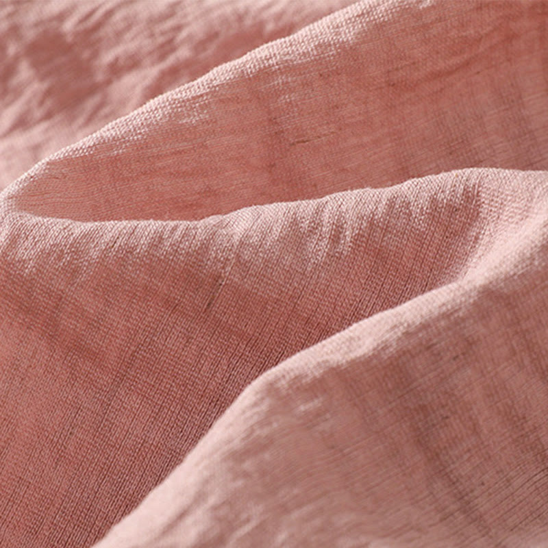 Buddha Stones Embroidery Design Cotton Button Women's Crew Neck Shirt