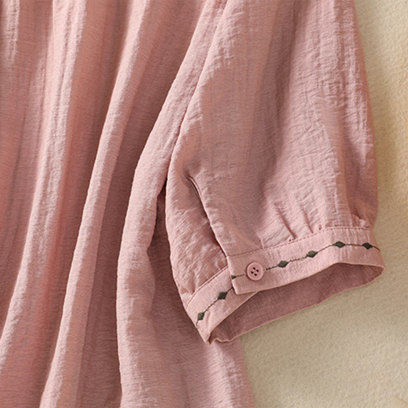 Buddha Stones Embroidery Design Cotton Button Women's Crew Neck Shirt