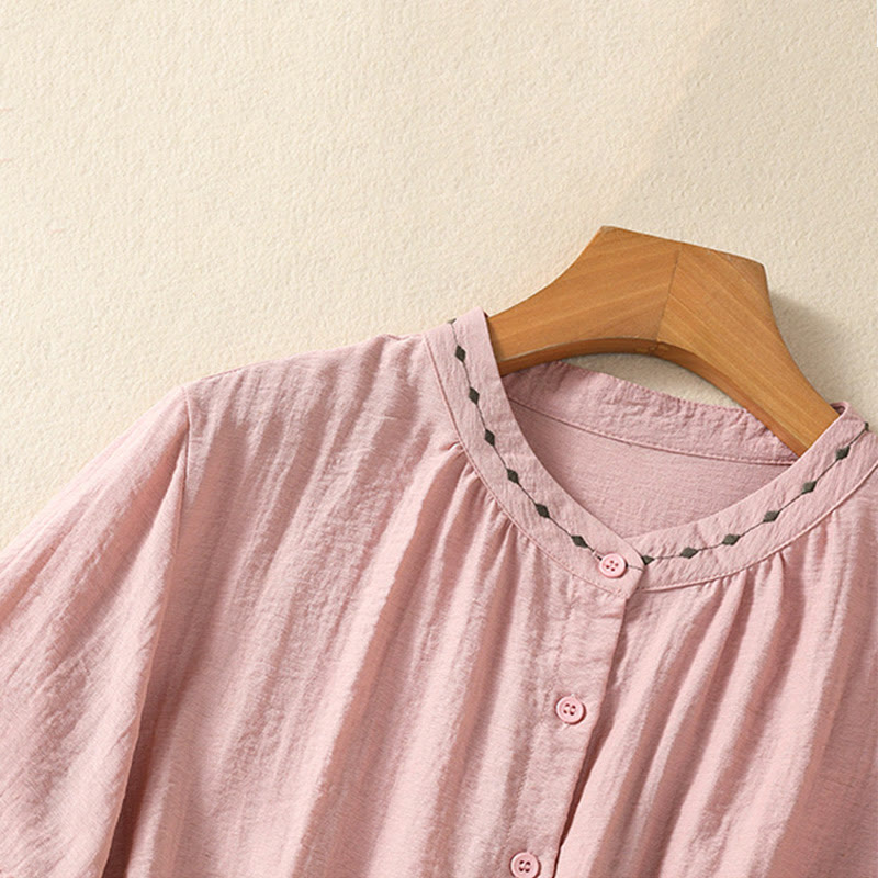 Buddha Stones Embroidery Design Cotton Button Women's Crew Neck Shirt