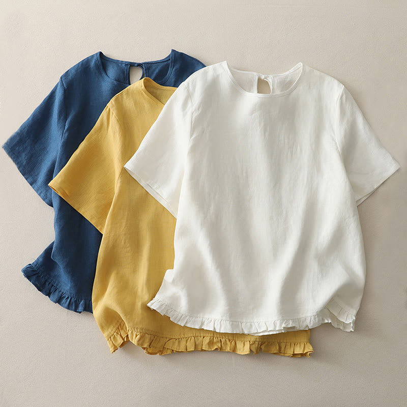 Buddha Stones Casual Plain Ruffled Hem Crew Neck Tie Women's Polyester T-shirt