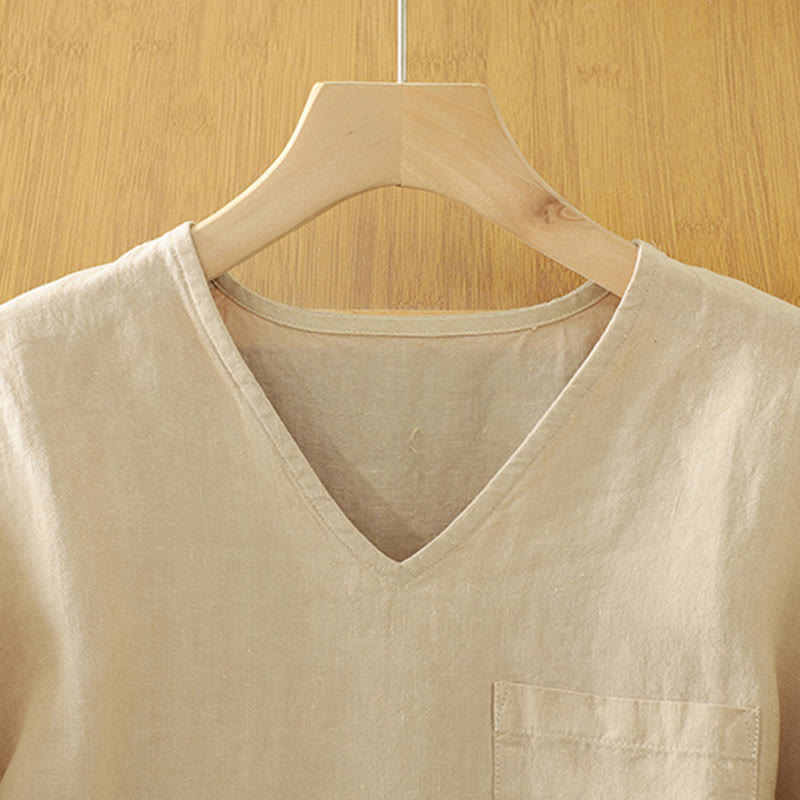 Buddha Stones Casual Plain Women's Cotton Linen V-Neck T-shirt With Pocket