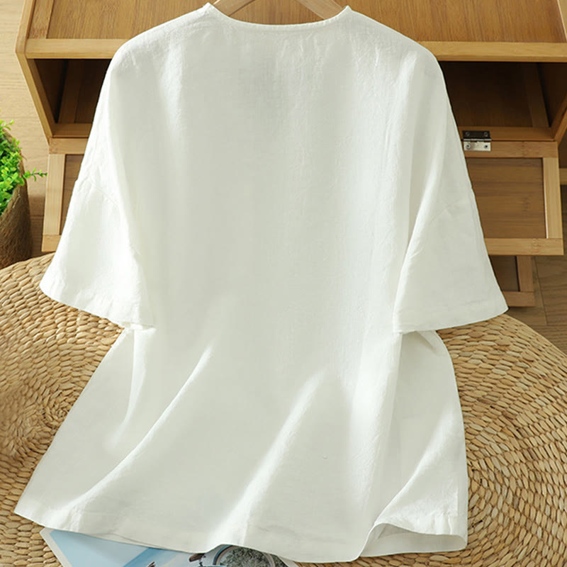 Buddha Stones Casual Plain Women's Cotton Linen V-Neck T-shirt With Pocket