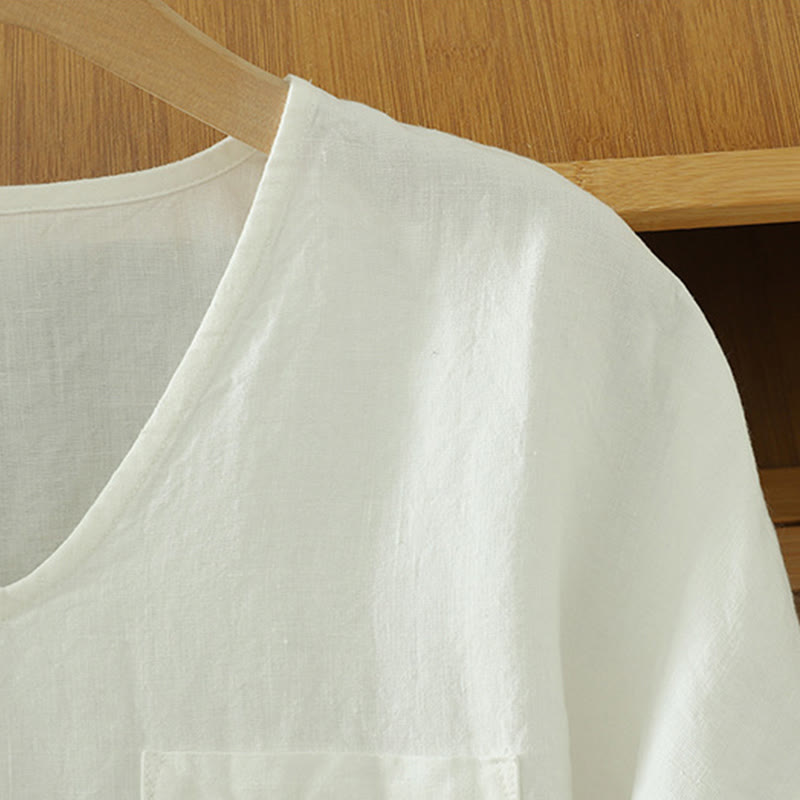 Buddha Stones Casual Plain Women's Cotton Linen V-Neck T-shirt With Pocket