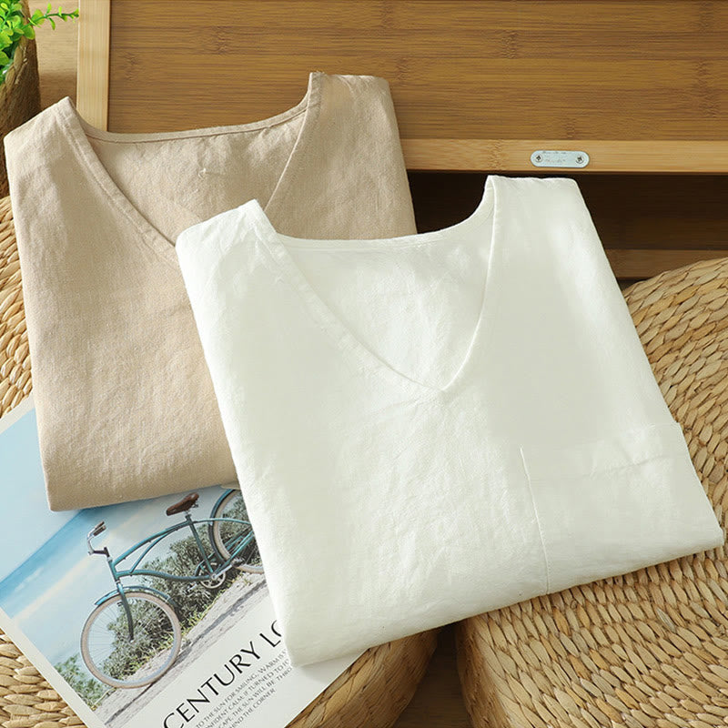 Buddha Stones Casual Plain Women's Cotton Linen V-Neck T-shirt With Pocket