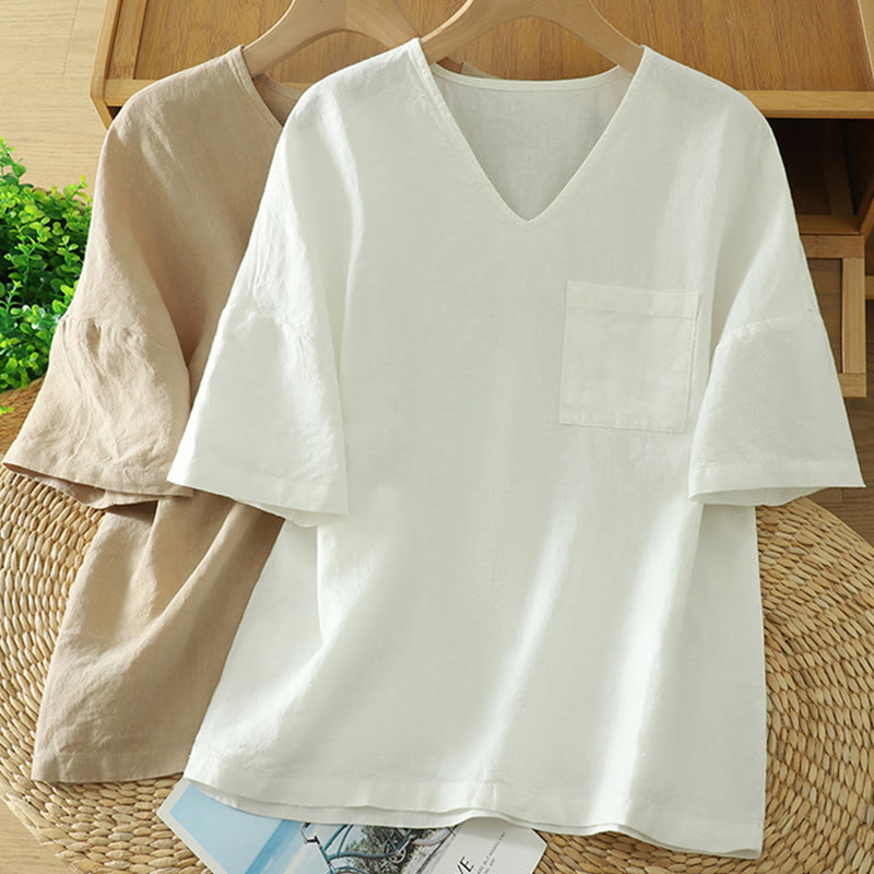 Buddha Stones Casual Plain Women's Cotton Linen V-Neck T-shirt With Pocket