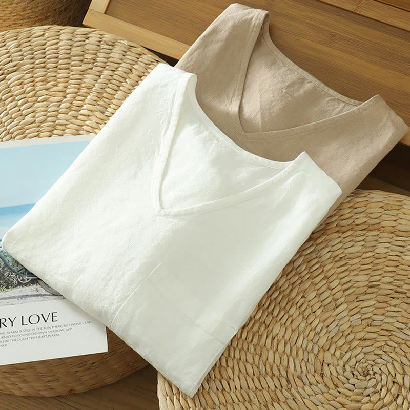 Buddha Stones Casual Plain Women's Cotton Linen V-Neck T-shirt With Pocket
