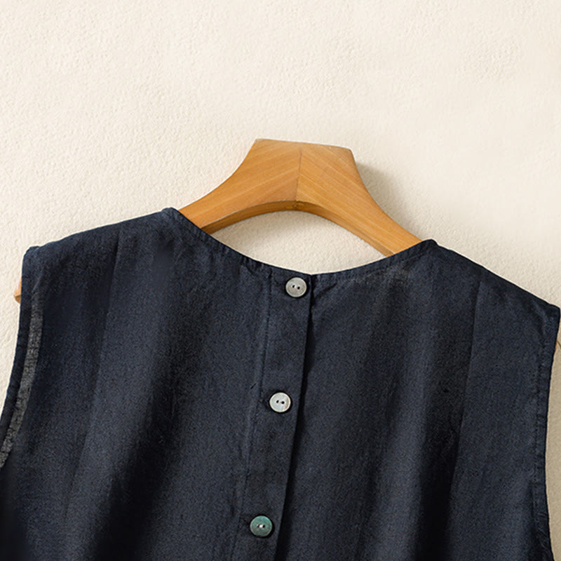 Buddha Stones Simple Crew Neck Button Design Women's Cotton Sleeveless Vest