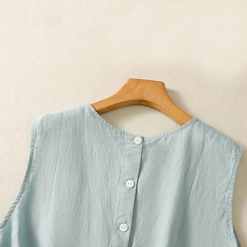Buddha Stones Simple Crew Neck Button Design Women's Cotton Sleeveless Vest