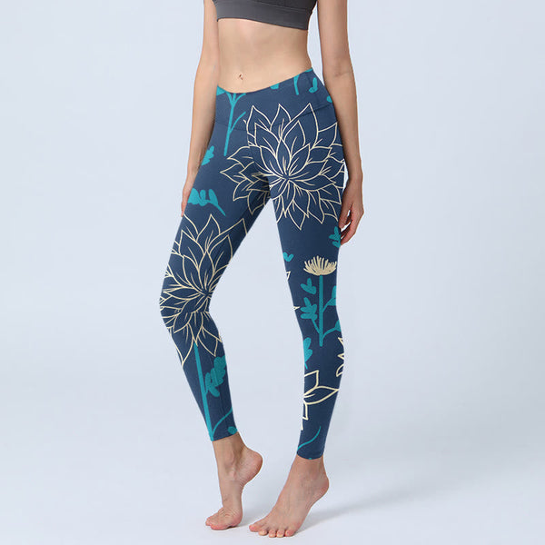 Buddha Stones Beige Flowers Blue Leaves Print Gym Leggings Women's Yoga Pants