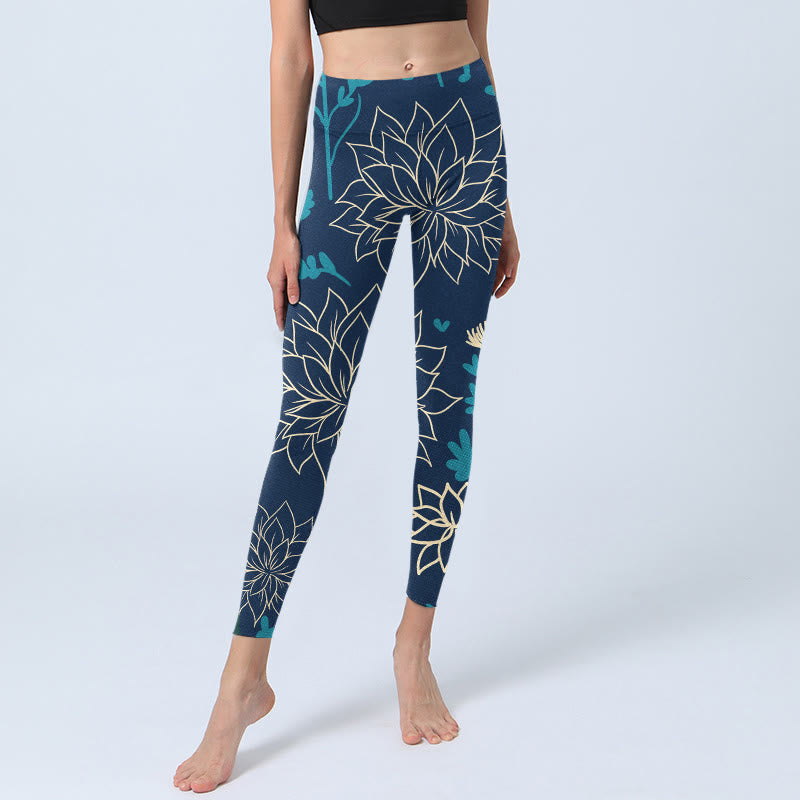 Buddha Stones Beige Flowers Blue Leaves Print Gym Leggings Women's Yoga Pants