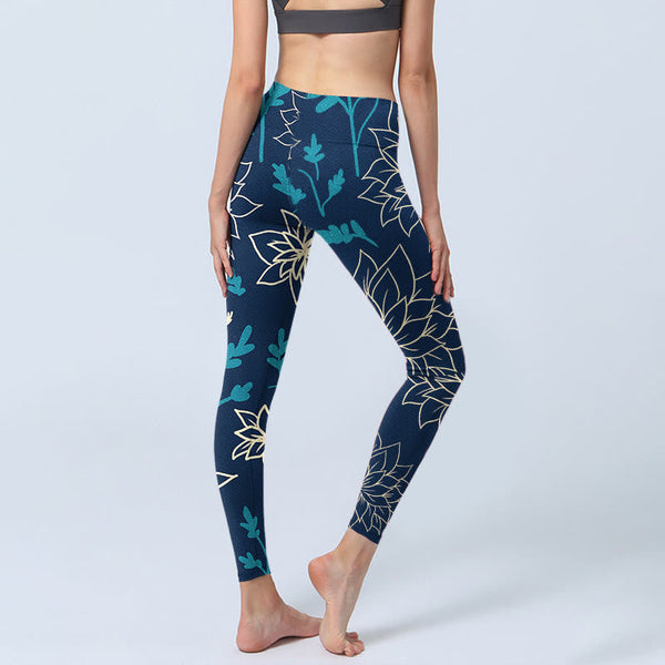 Buddha Stones Beige Flowers Blue Leaves Print Gym Leggings Women's Yoga Pants