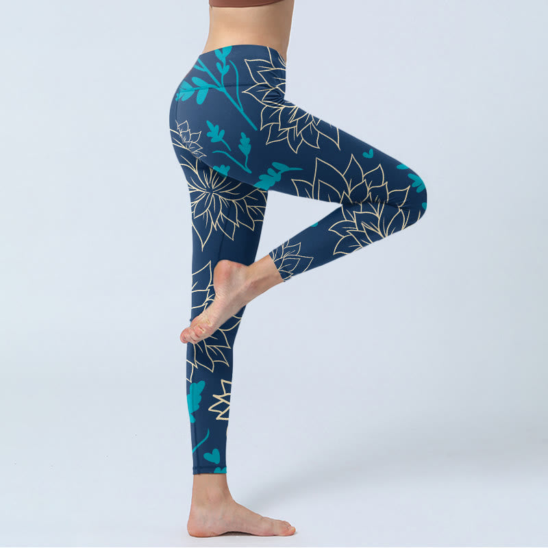 Buddha Stones Beige Flowers Blue Leaves Print Gym Leggings Women's Yoga Pants