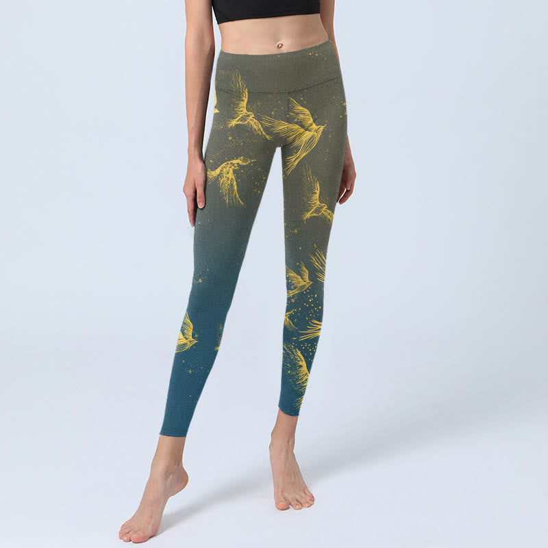 Buddha Stones Golden Flying Birds Print Gym Leggings Women's Yoga Pants