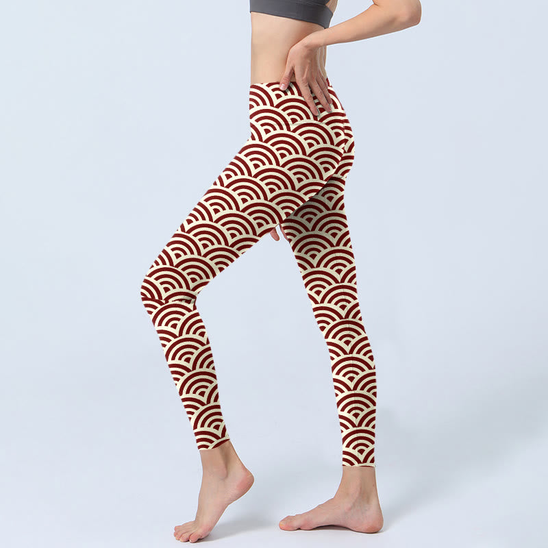 Buddha Stones Red Beige Fan Shapes Print Gym Leggings Women's Yoga Pants