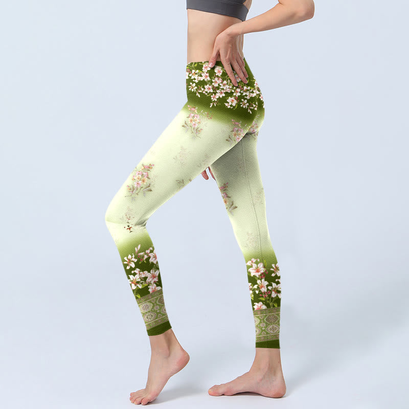 Buddha Stones Pink Flowers Green Leaves Print Gym Leggings Women's Yoga Pants