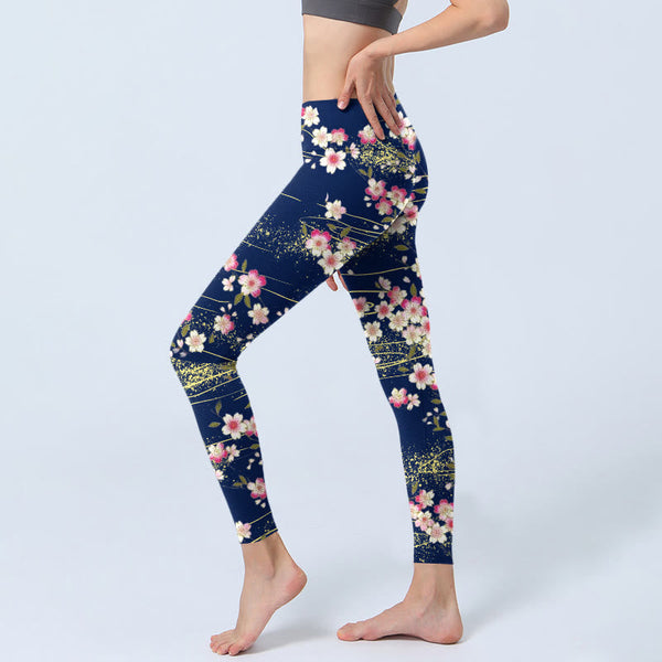 Buddha Stones Pink Magenta Flowers Green Leaves Print Gym Leggings Women's Yoga Pants