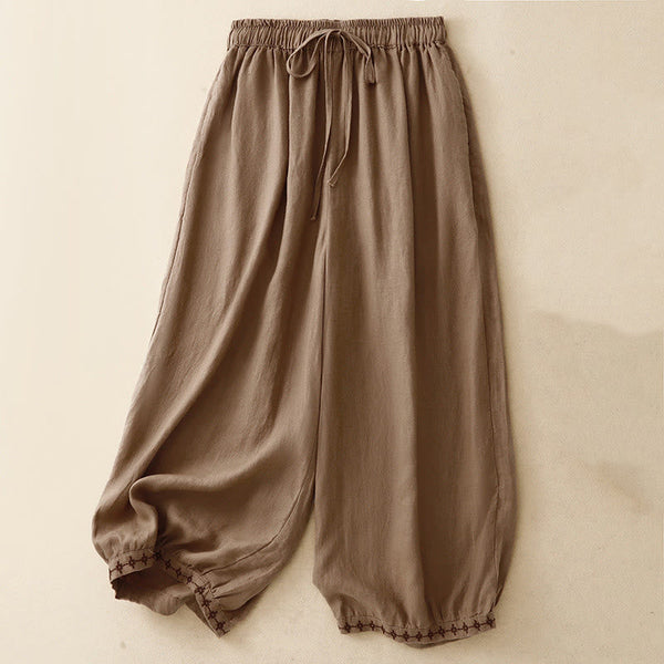 Buddha Stones Simple Embroidery 7-8 Length Cropped Women's Cotton Linen Harem Pants With Pockets