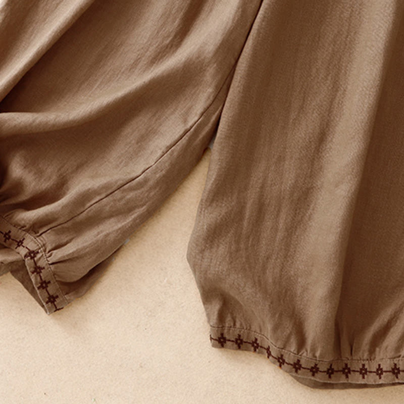 Buddha Stones Simple Embroidery 7-8 Length Cropped Women's Cotton Linen Harem Pants With Pockets