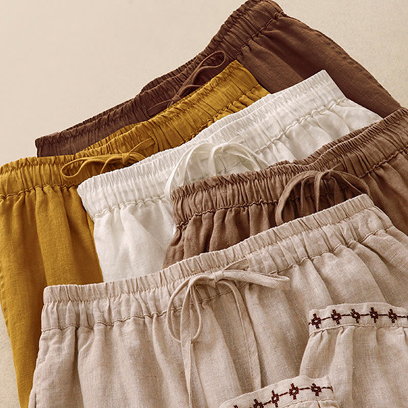 Buddha Stones Simple Embroidery 7-8 Length Cropped Women's Cotton Linen Harem Pants With Pockets