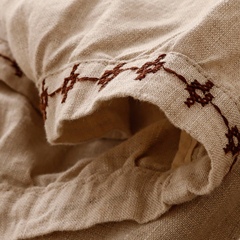 Buddha Stones Simple Embroidery 7-8 Length Cropped Women's Cotton Linen Harem Pants With Pockets