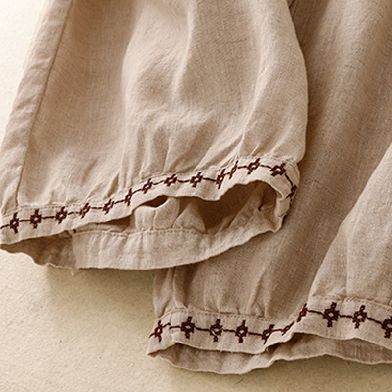 Buddha Stones Simple Embroidery 7-8 Length Cropped Women's Cotton Linen Harem Pants With Pockets