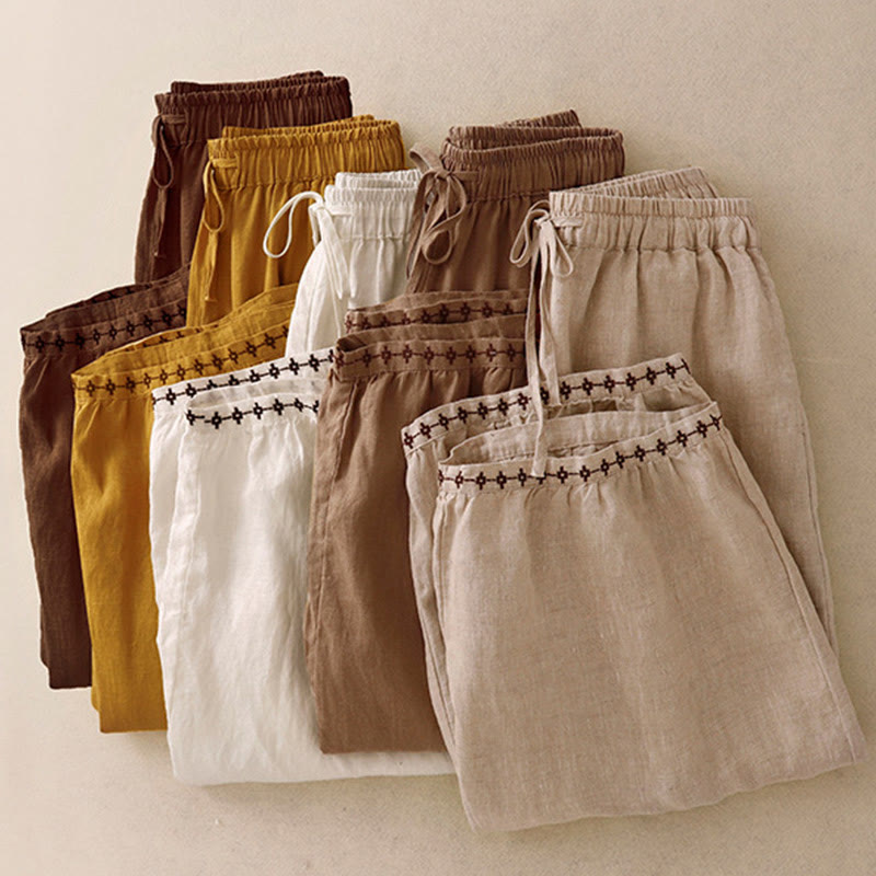Buddha Stones Simple Embroidery 7-8 Length Cropped Women's Cotton Linen Harem Pants With Pockets