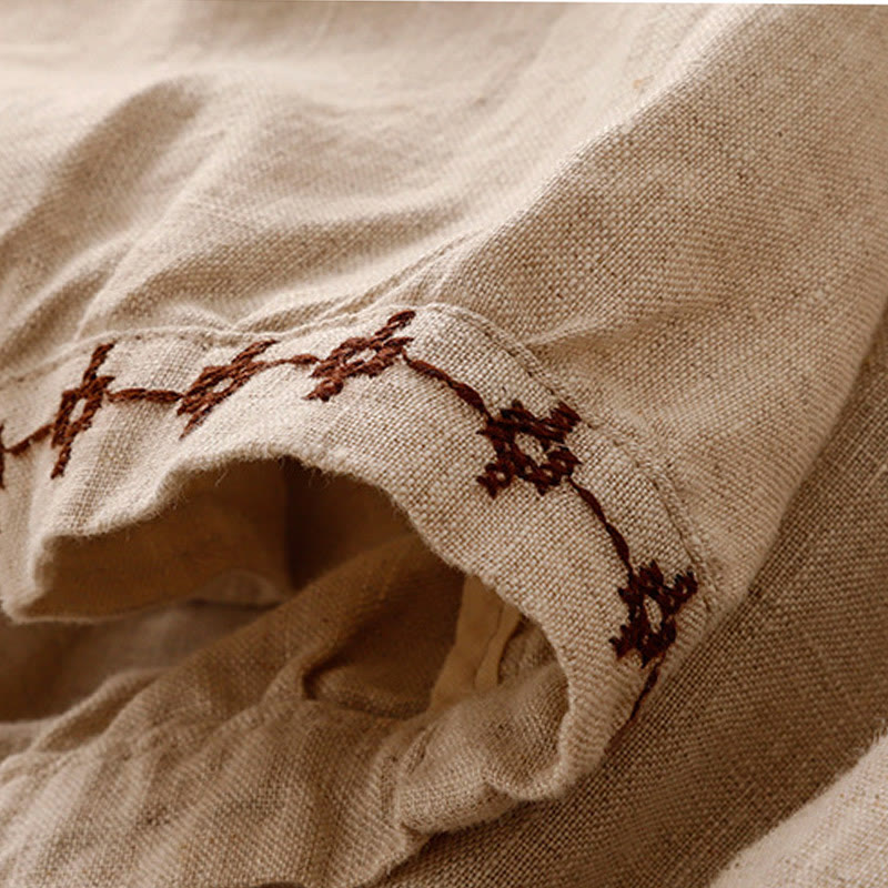 Buddha Stones Simple Embroidery 7-8 Length Cropped Women's Cotton Linen Harem Pants With Pockets