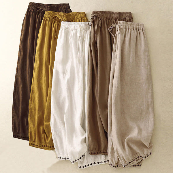 Buddha Stones Simple Embroidery 7-8 Length Cropped Women's Cotton Linen Harem Pants With Pockets