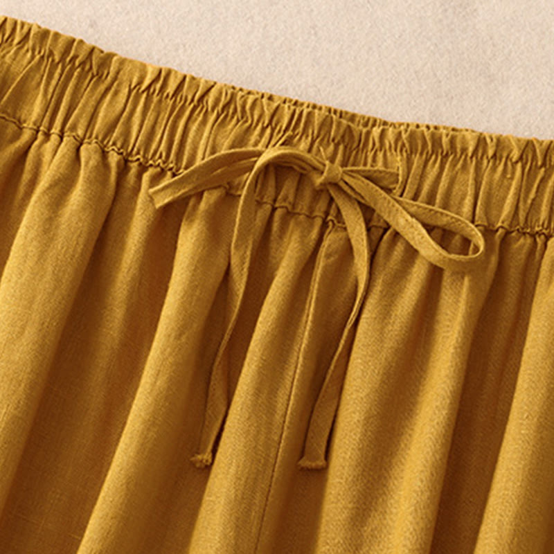 Buddha Stones Simple Embroidery 7-8 Length Cropped Women's Cotton Linen Harem Pants With Pockets