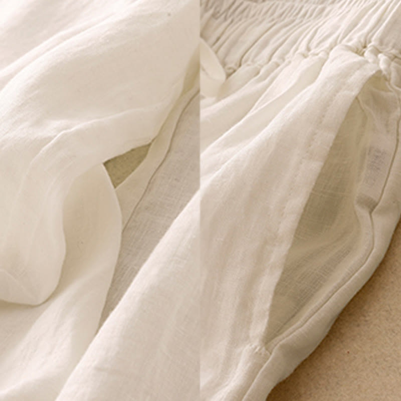 Buddha Stones Simple Embroidery 7-8 Length Cropped Women's Cotton Linen Harem Pants With Pockets