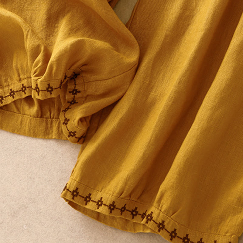 Buddha Stones Simple Embroidery 7-8 Length Cropped Women's Cotton Linen Harem Pants With Pockets