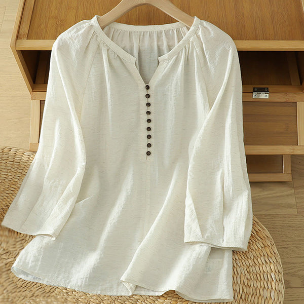 Buddha Stones White Plain Button Three Quarter Sleeve Women's Shirt