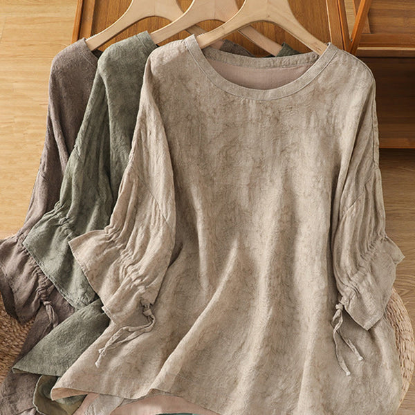 Buddha Stones Casual Crew Neck Women's Lace-up Half Sleeve Shirt