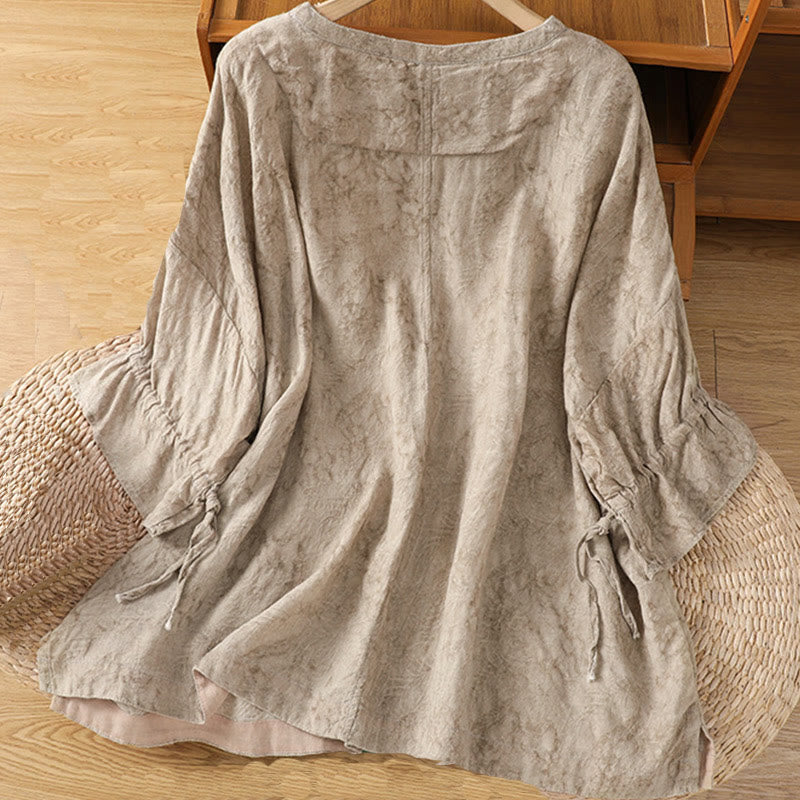 Buddha Stones Casual Crew Neck Women's Lace-up Half Sleeve Shirt