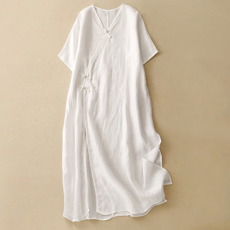 Buddha Stones Summer V-Neck Frog-Button Short Sleeve Cotton Linen Women's Midi Dress