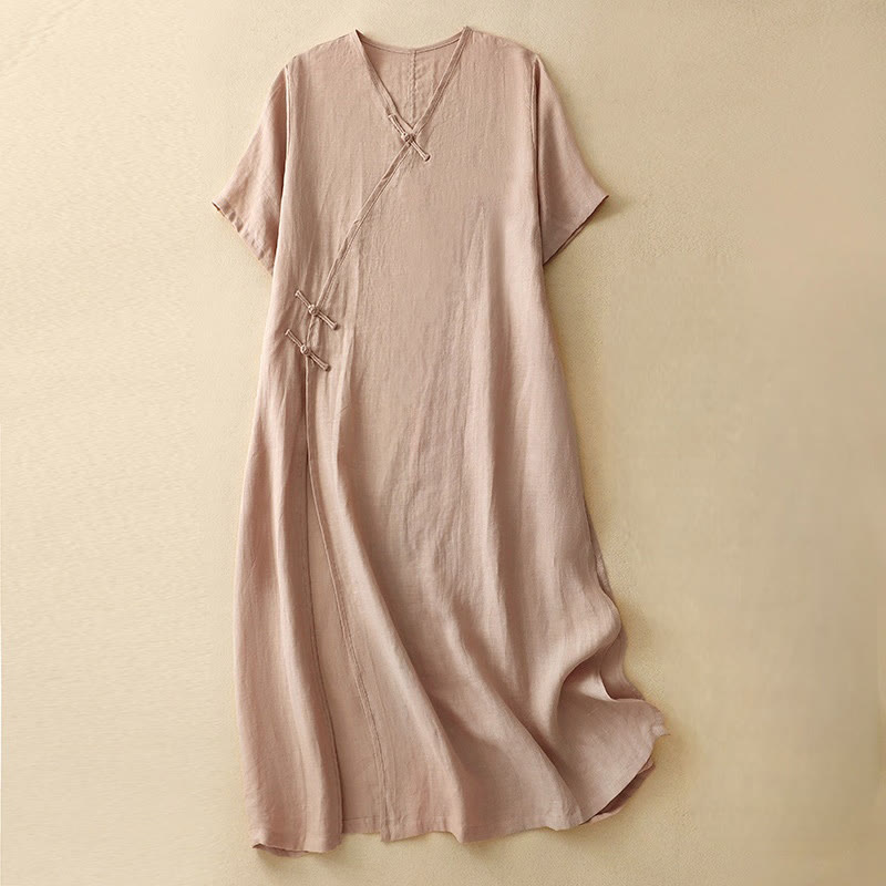 Buddha Stones Summer V-Neck Frog-Button Short Sleeve Cotton Linen Women's Midi Dress